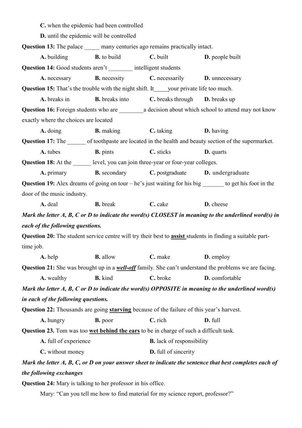 Đề thi thử Tiếng Anh THPT Quốc gia số 44