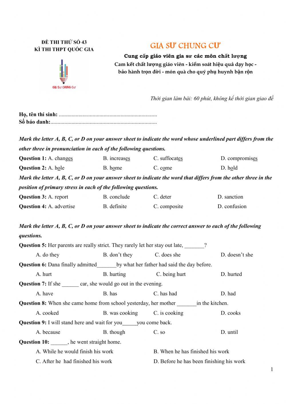 Đề thi thử Tiếng Anh THPT Quốc gia số 43