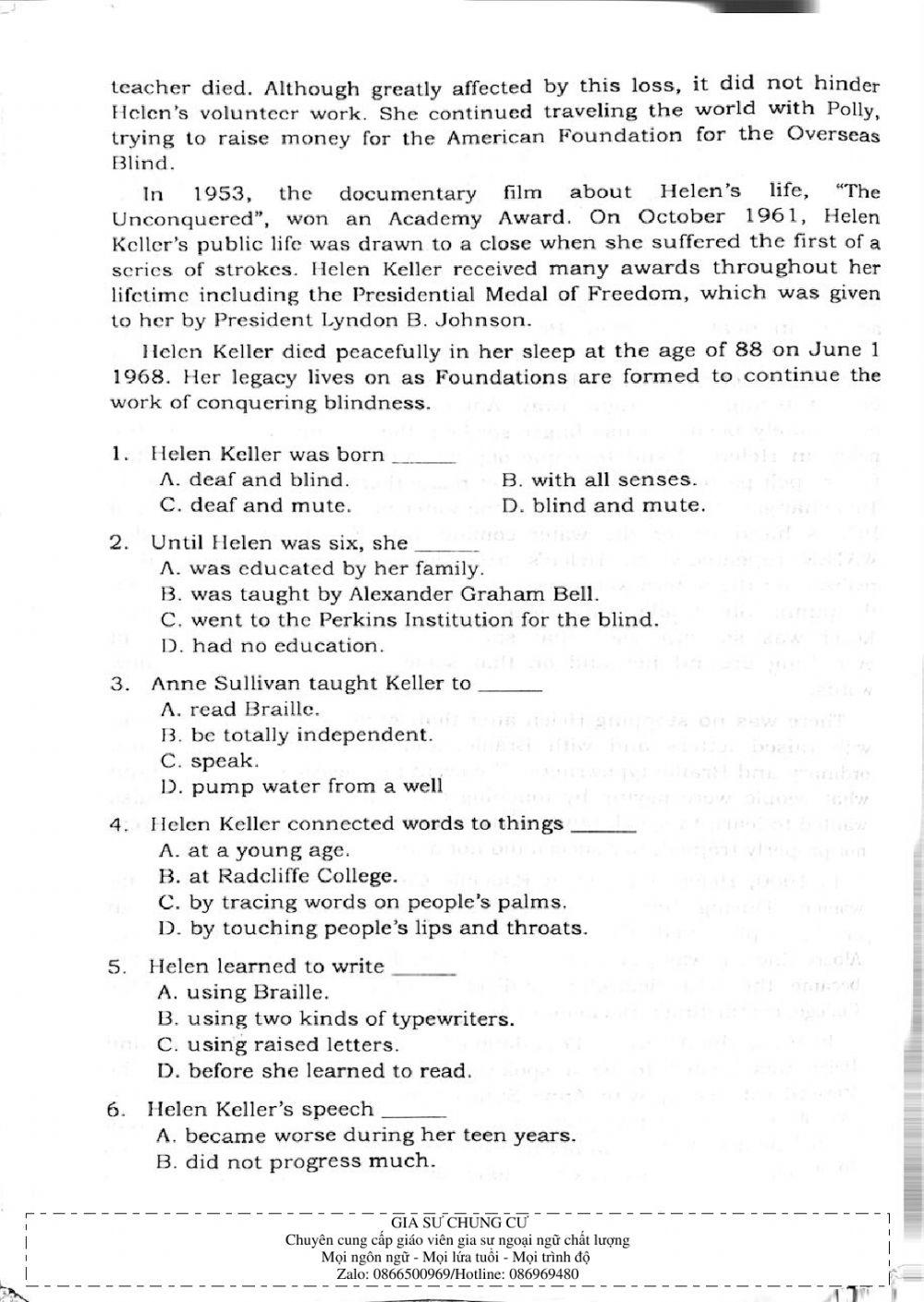 Trắc nghiệm kỹ năng đọc hiểu Tiếng Anh số 32
