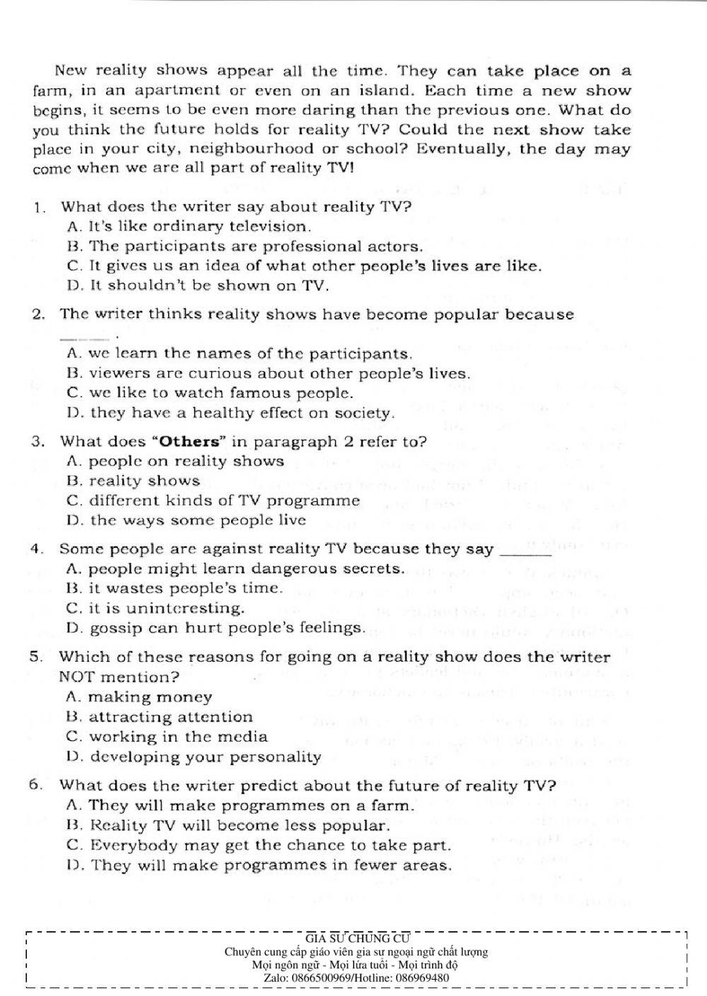 Trắc nghiệm kỹ năng đọc hiểu Tiếng Anh số 34