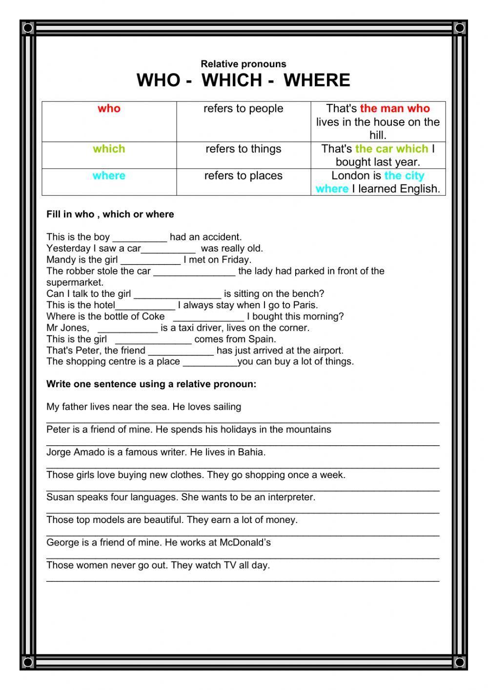 Relative pronouns practice who which where