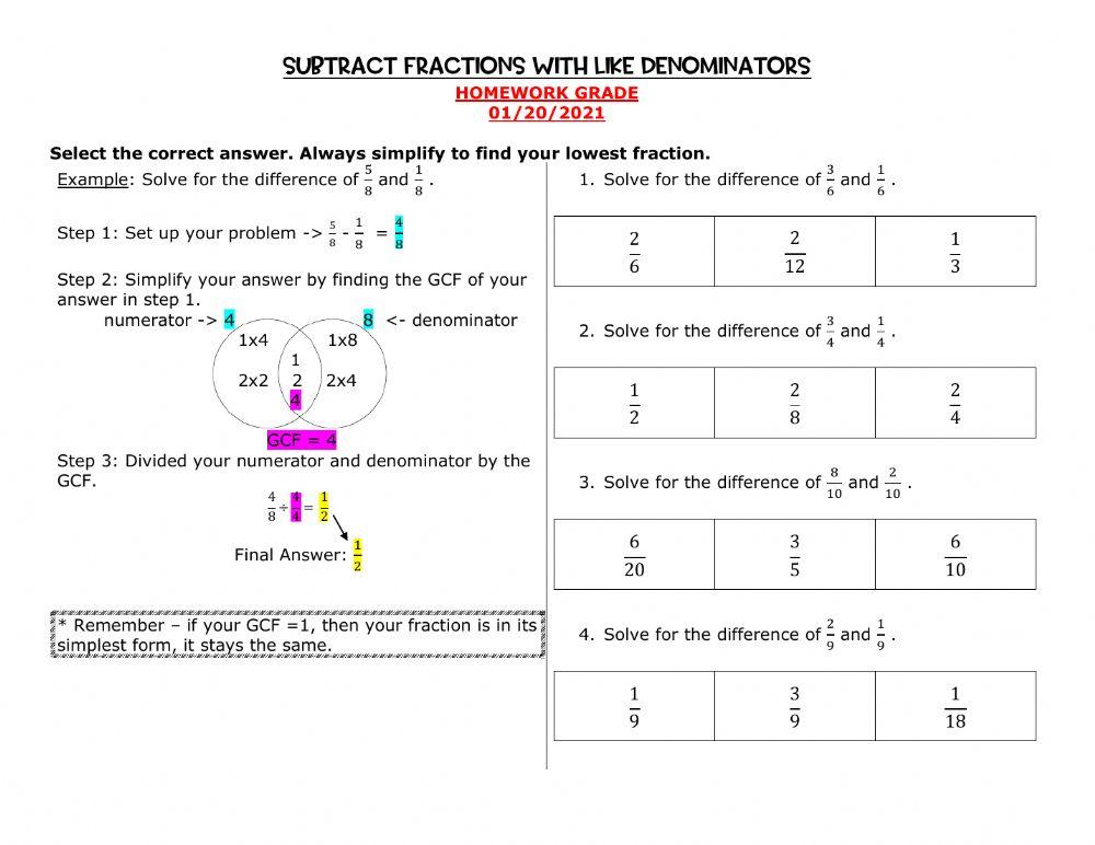 Subtract Fractions with Like Denominators