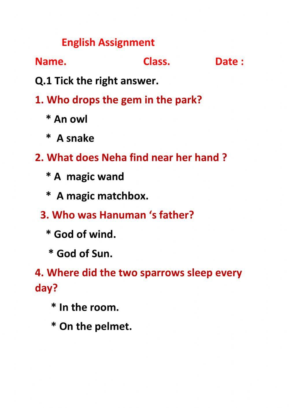 ENGLISH ASSIGNMENT CLASS II online exercise for | Live Worksheets