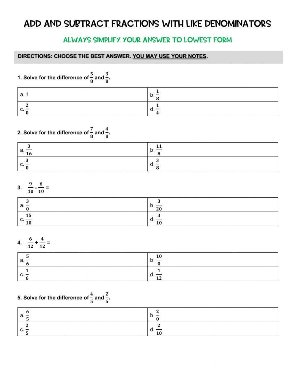 Add and Subtract Fractions with Like Denominators
