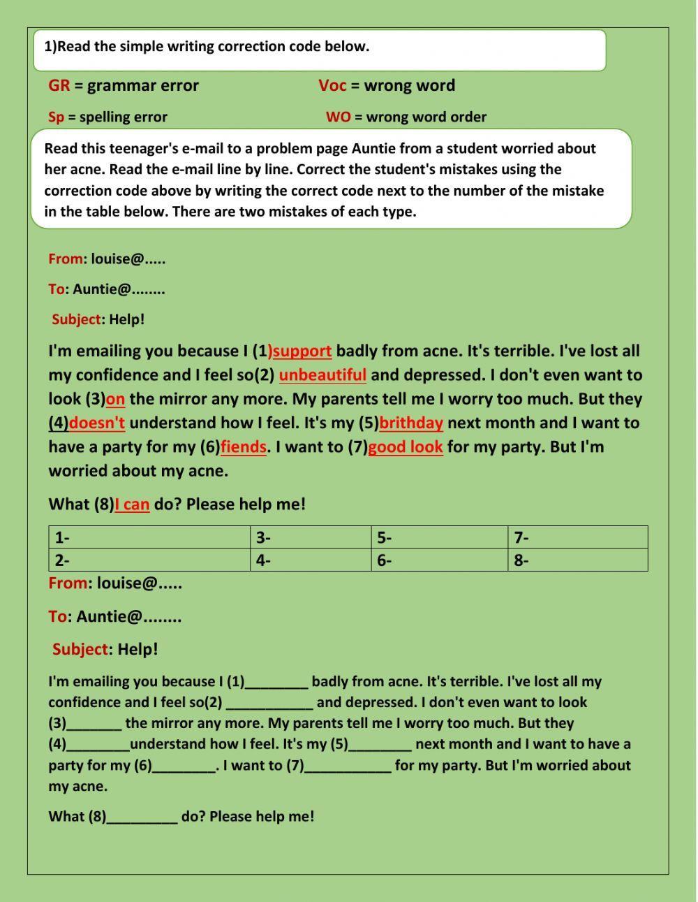 Simple writing correction code worksheet | Live Worksheets