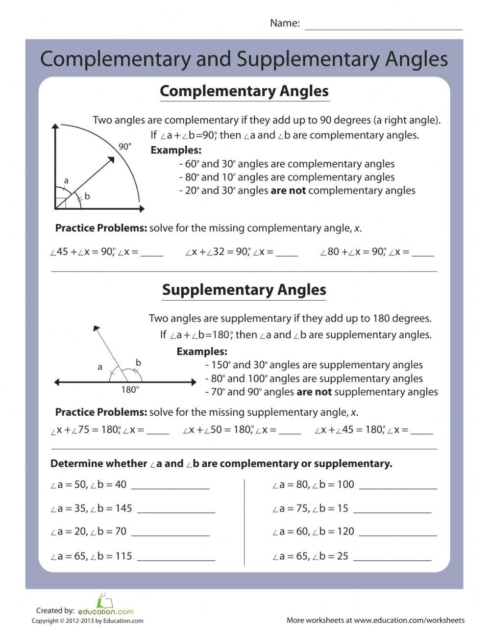 Complementary & Supplementary Angles worksheet Live Worksheets