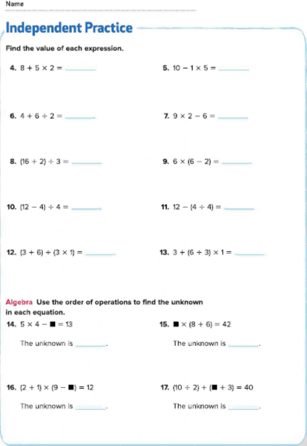 Order operations interactive worksheet live worksheets
