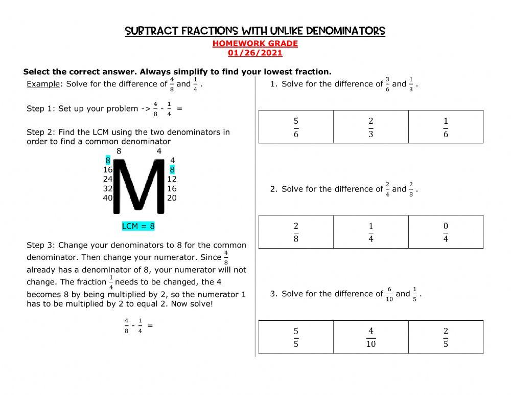 Subtract Fractions with Unlike Denominators