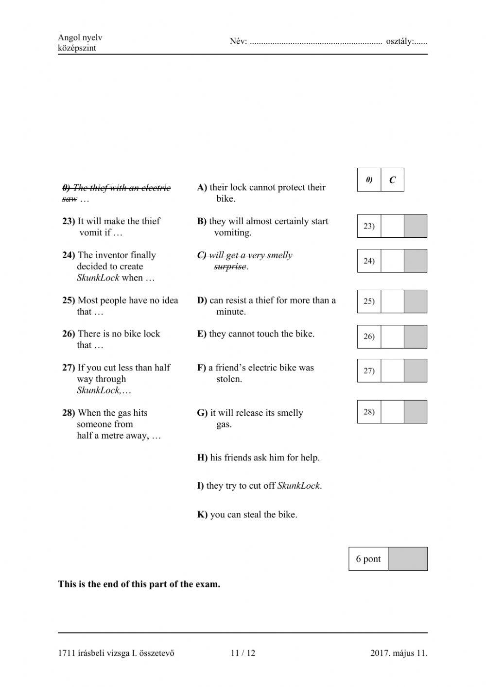 Matura B1 Reading matching half sentences