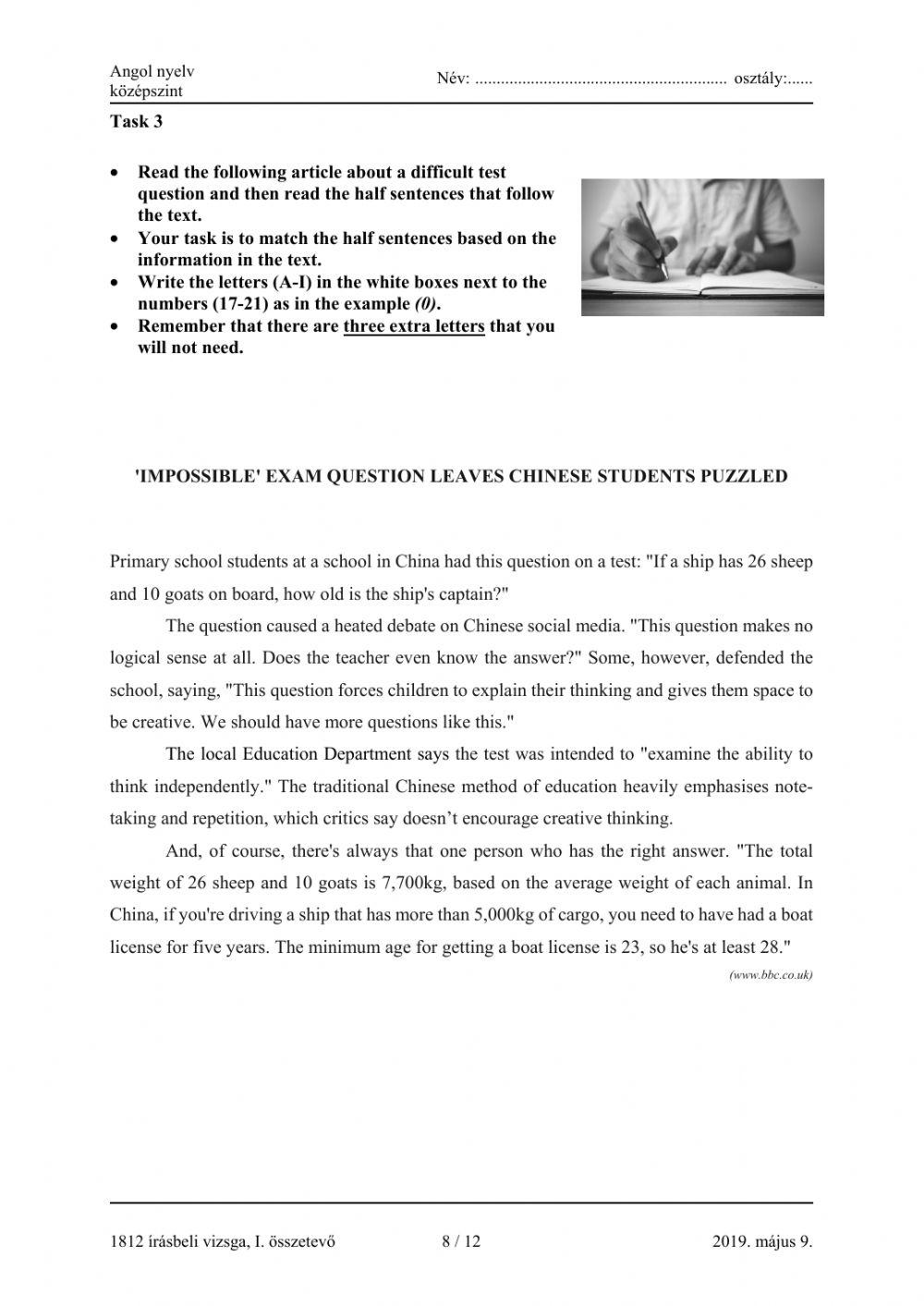 Matura B1 Reading matching half sentences