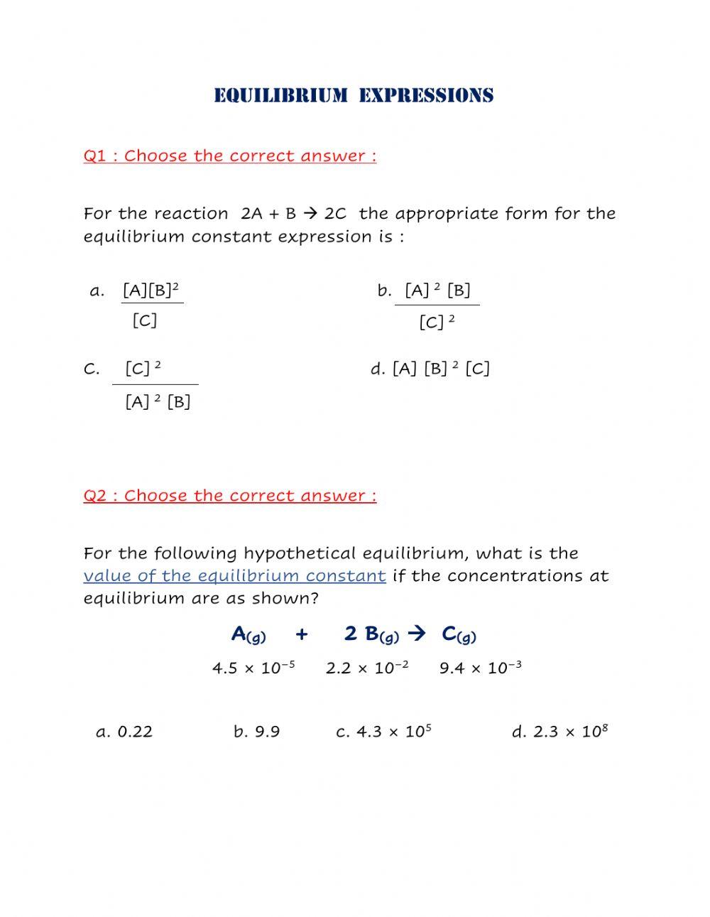 Equillibrium expresions