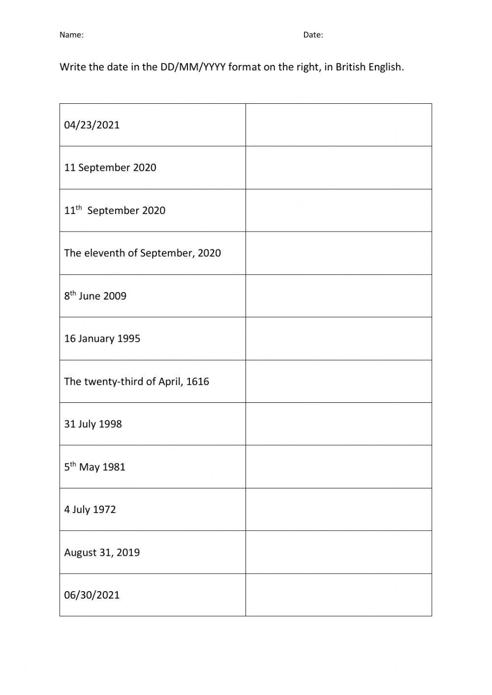 Dates British format