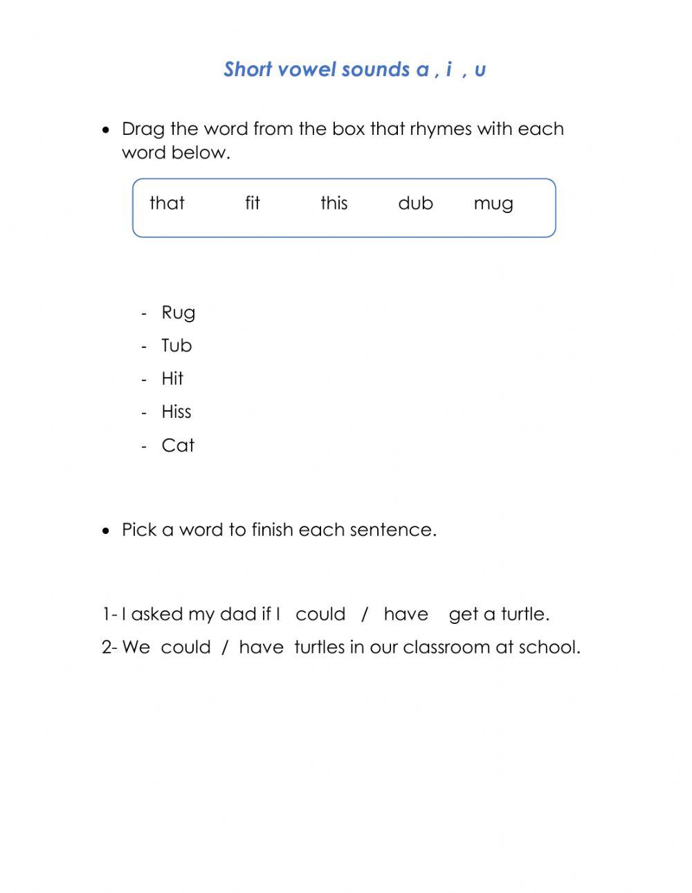 Short vowel sounds i, e, o