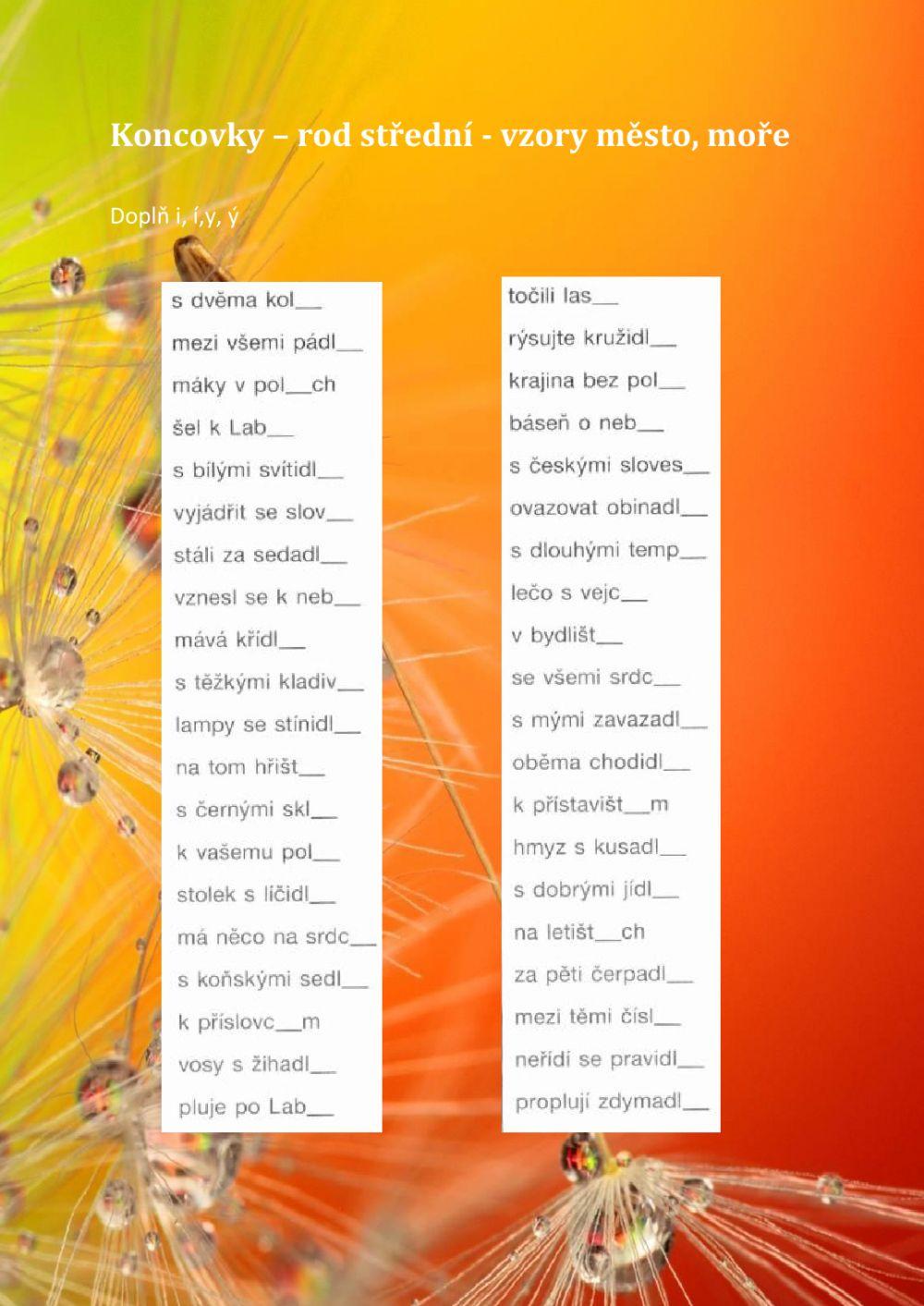Koncovky podstatných jmen rodu středního- - vzor město, moře