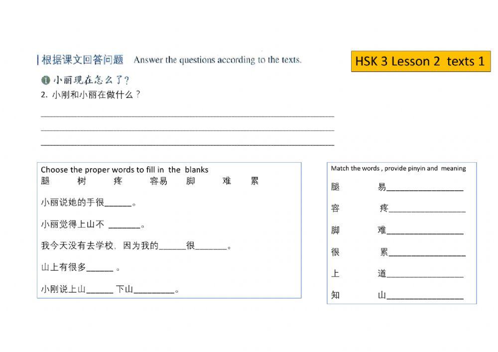 HSK 3 lesson 2 texts 1 worksheets