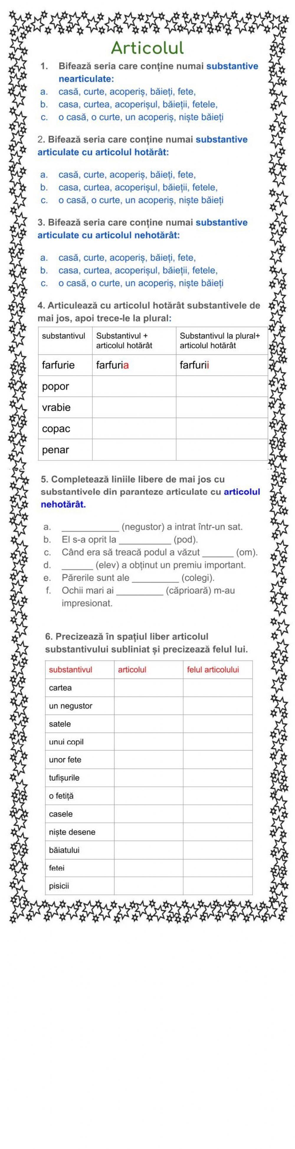 Articolul. Clasa a V-a