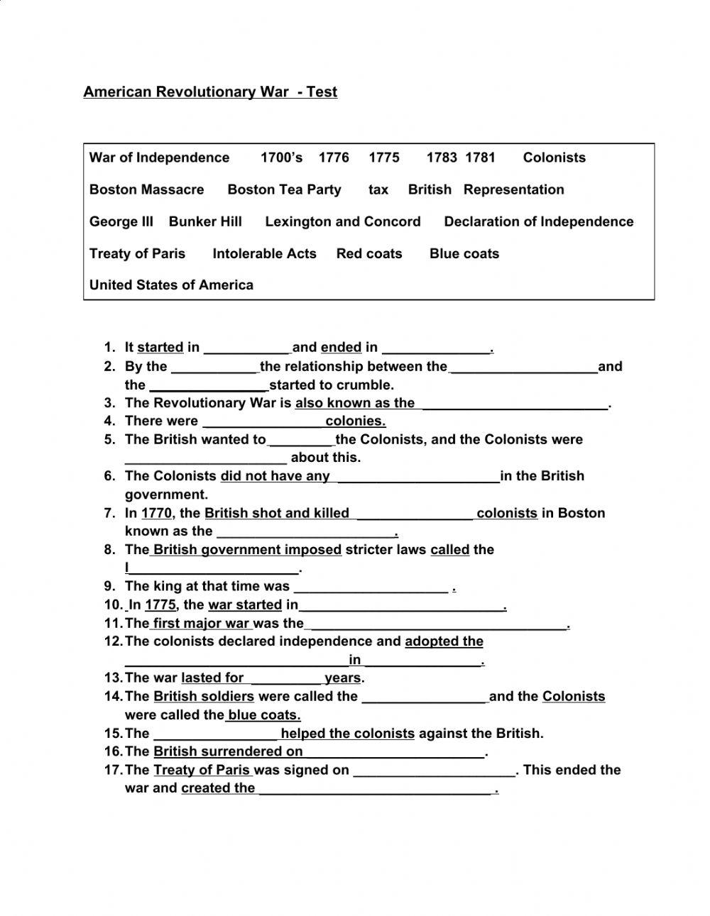 American Revolutionary War interactive worksheet Live Worksheets