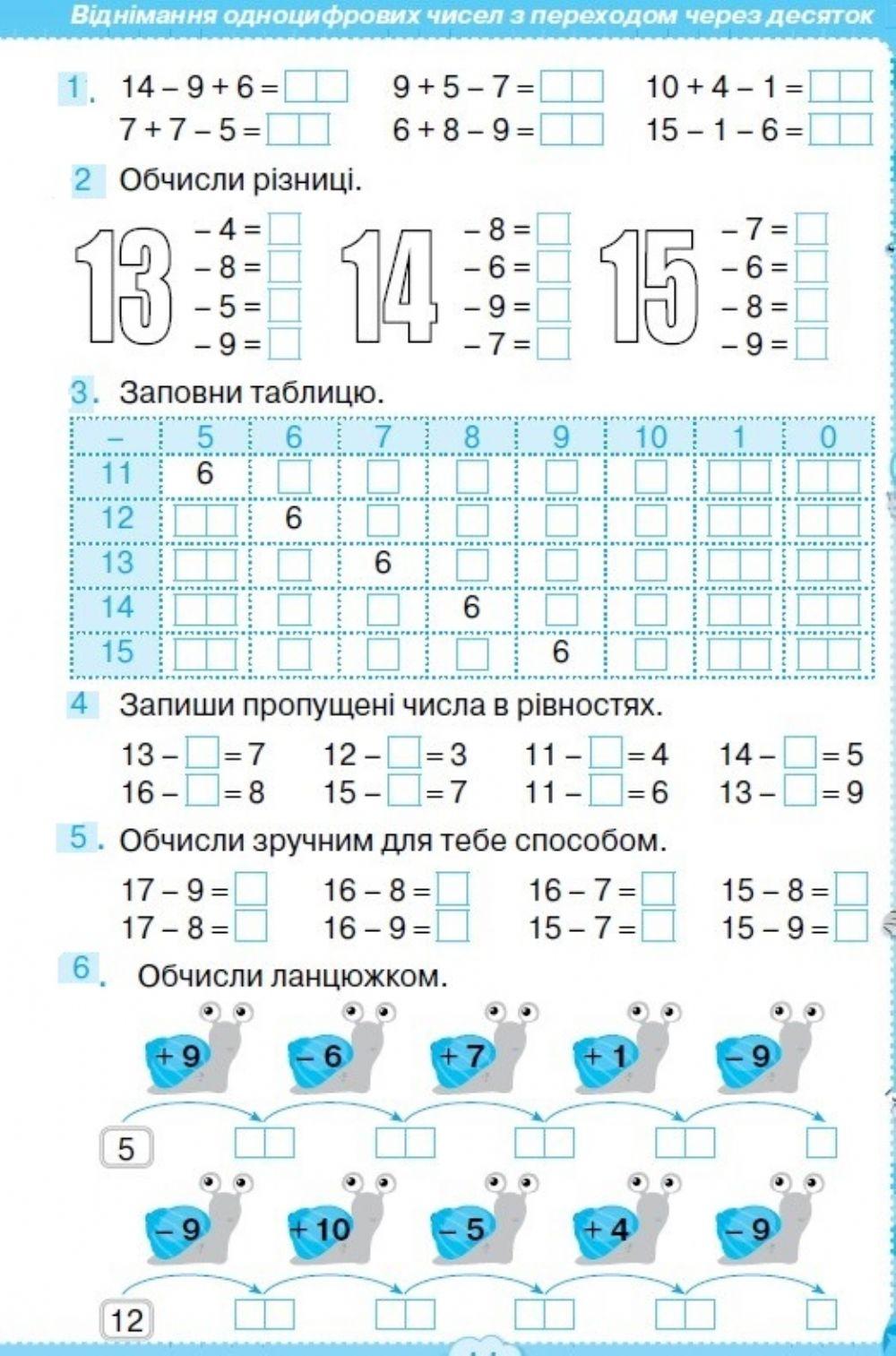 Віднімання одноцифрових чисел з переходом через десяток