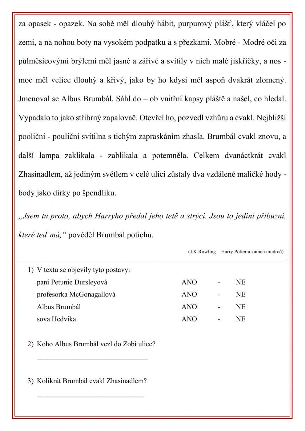 Porozumění textu - Harry Potter