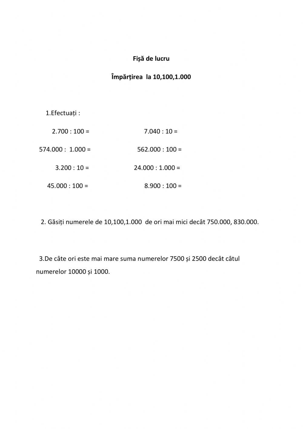 Fișă de lucru Împărțirea la 10,100,1000