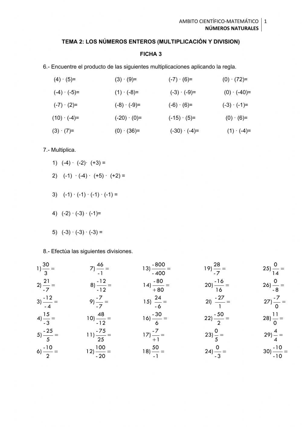 Números enteros multiplicación y división 3