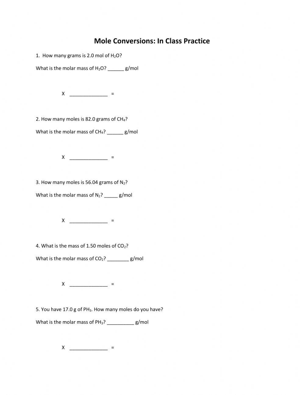 Mole Conversions- In-class practice