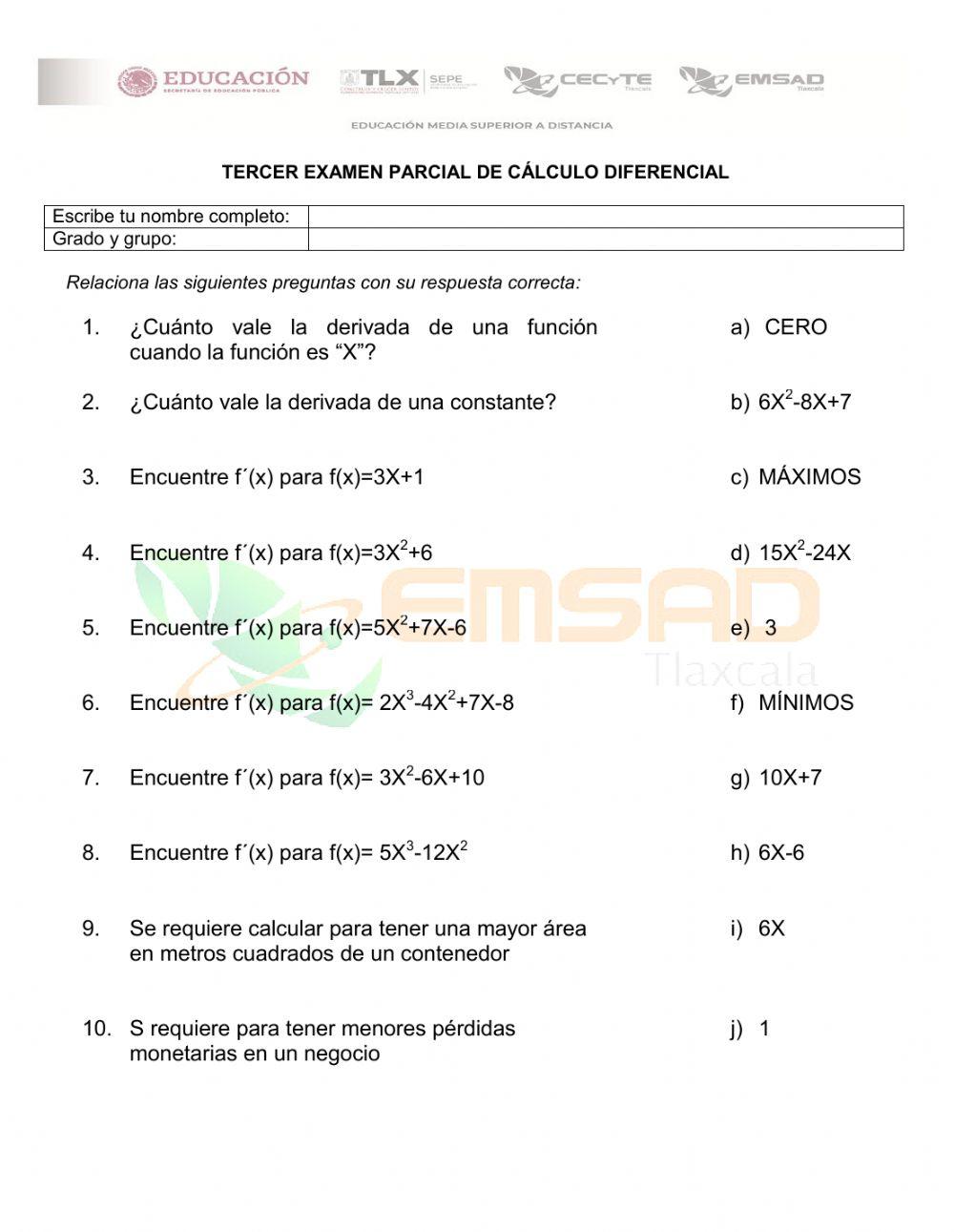 Examen de Cálculo Diferencial tercer parcial