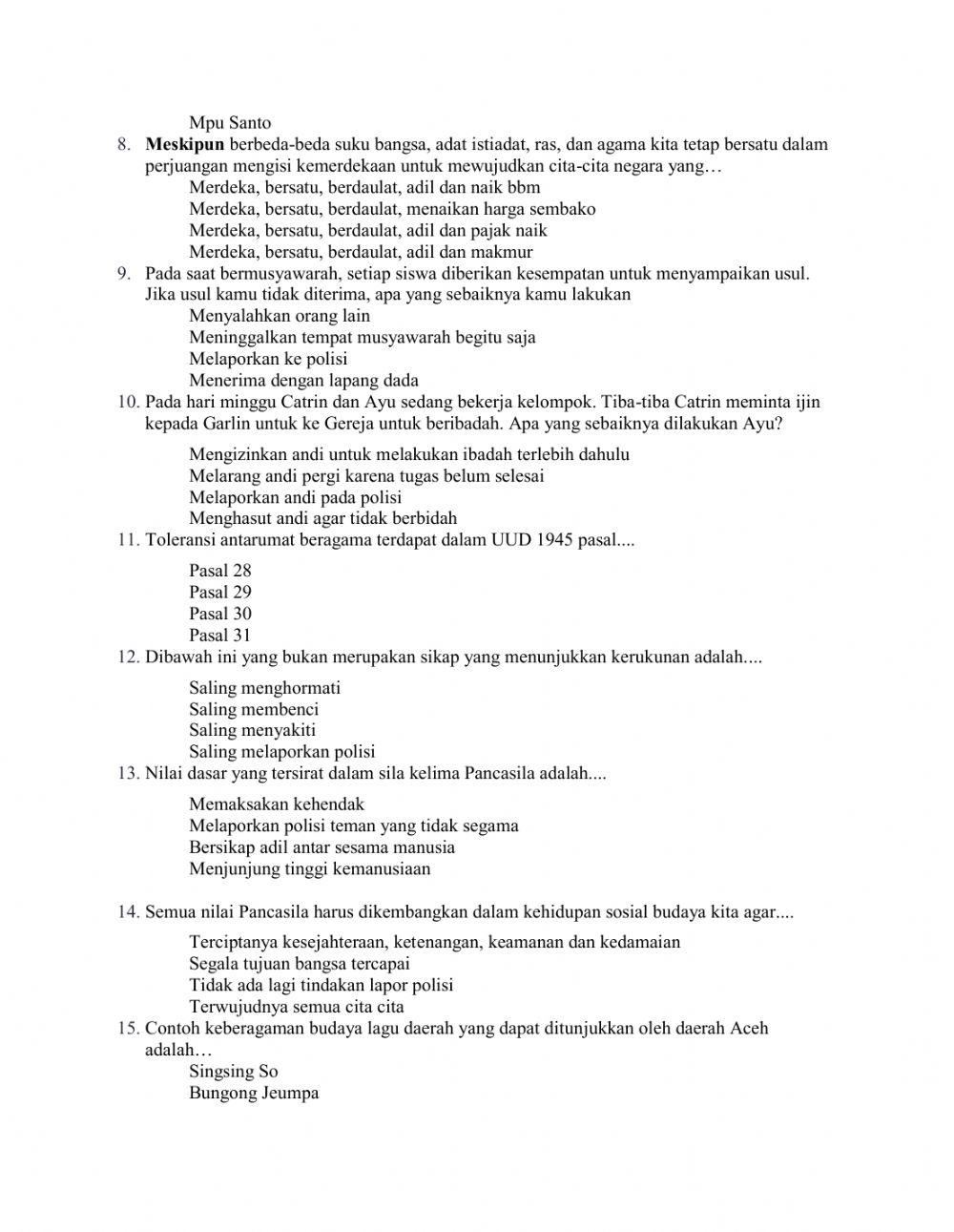 Lembar kerja interaktif KEBERAGAMAN SUKU, AGAMA, RAS dan ANTARGOLONGAN dalam BINGKAI BHINNEKA TUNGGAL IKA