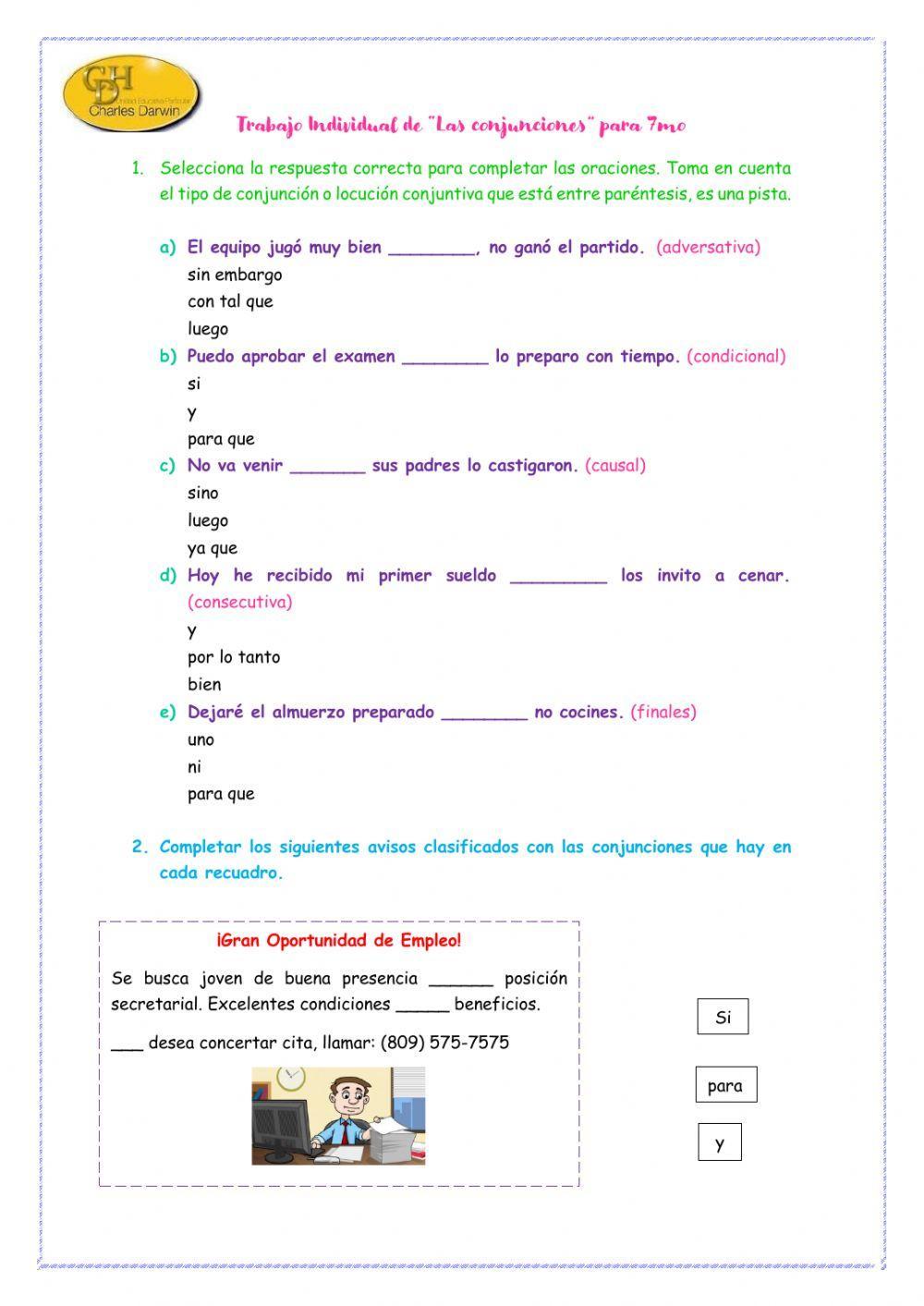 Trabajo Individual de “Las conjunciones” para 7mo