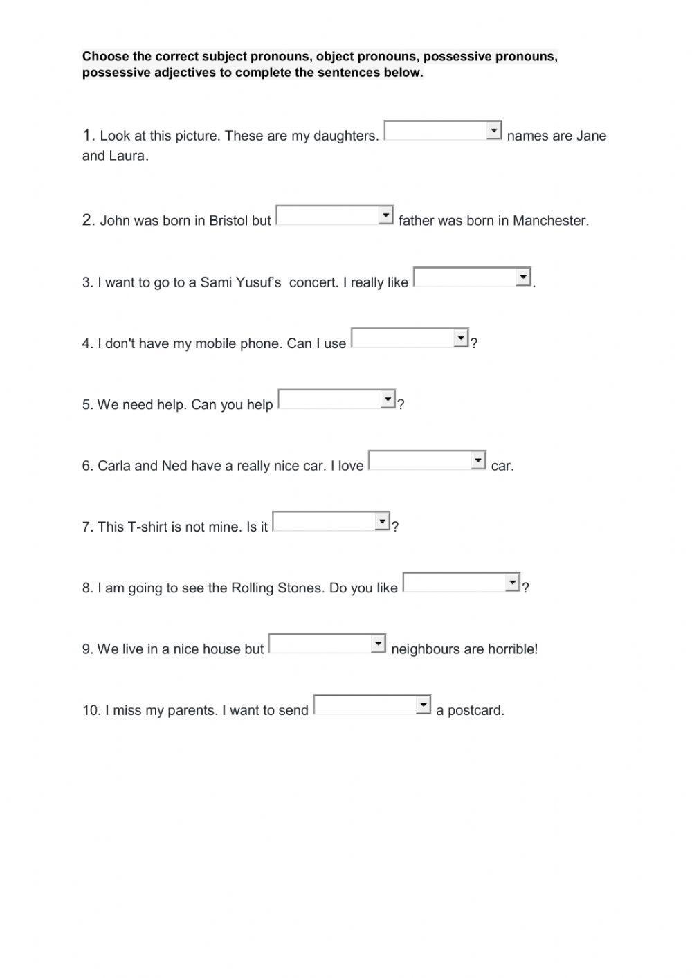 Subject pronouns, object pronouns, possessive pronouns, possessive adjectives