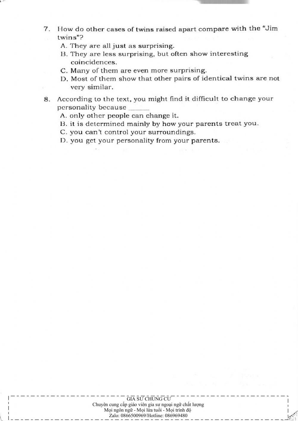 Trắc nghiệm Kỹ năng đọc hiểu Tiếng Anh số 33.1