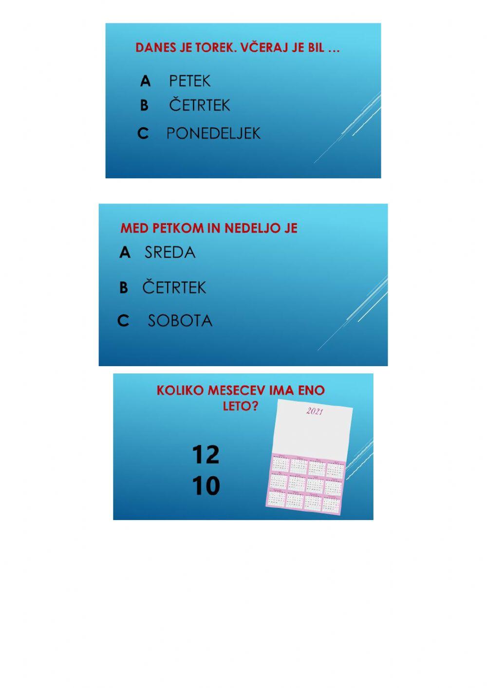 Kviz koledar deli dneva meseci