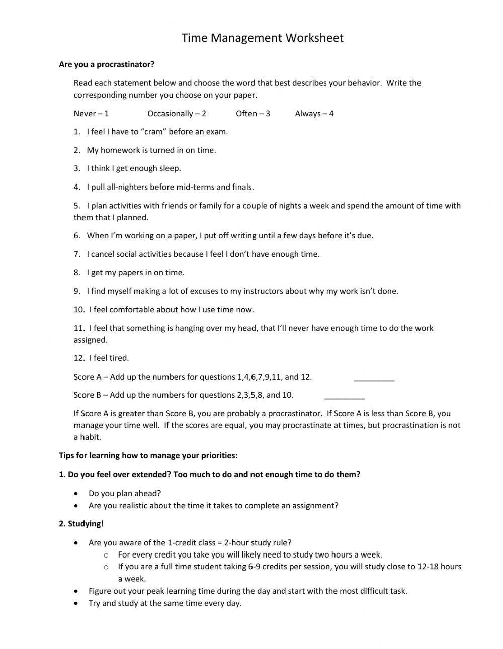 Time Management Worksheet