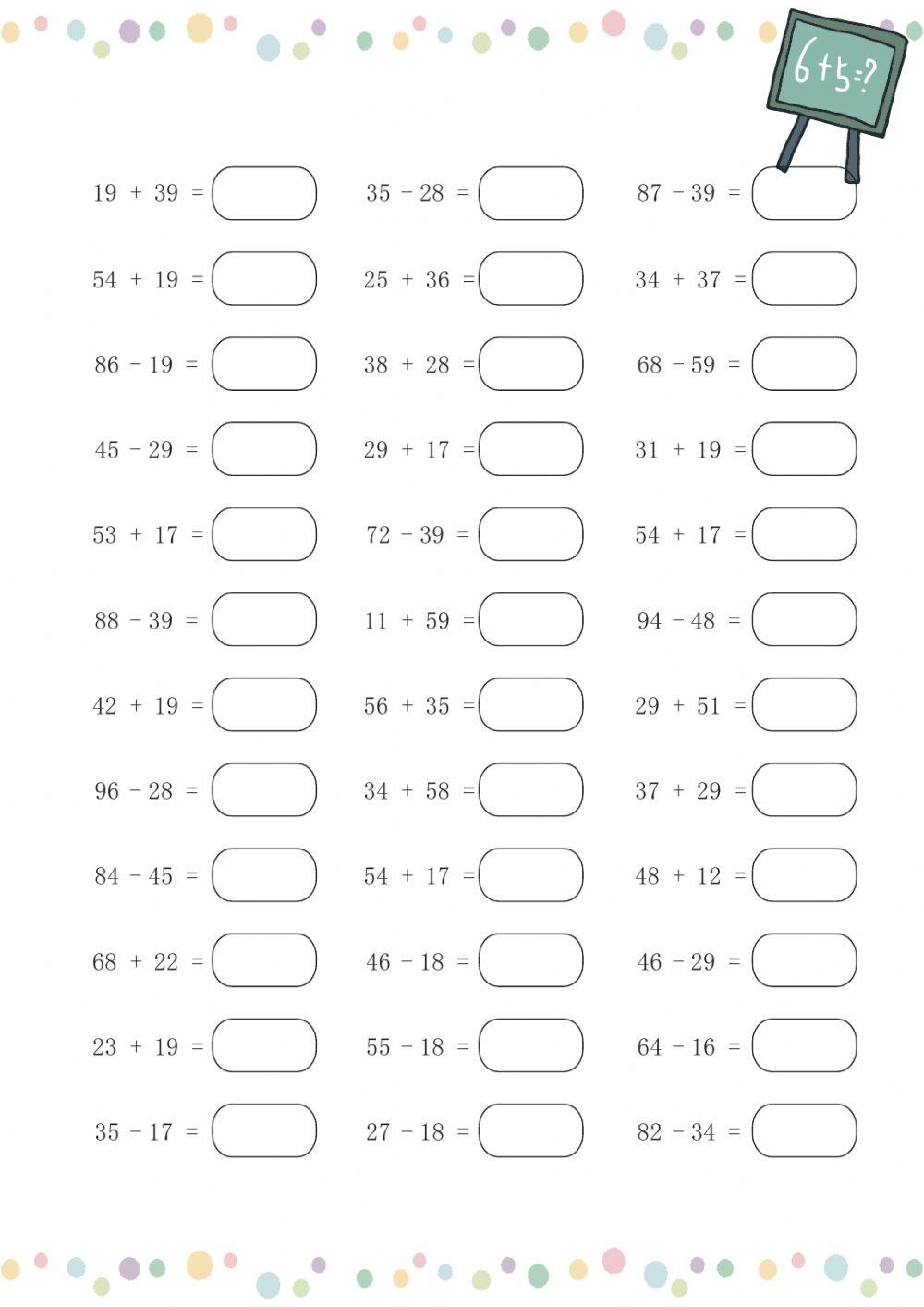 Addition and subtract practice within 100 interactive worksheet | Live ...