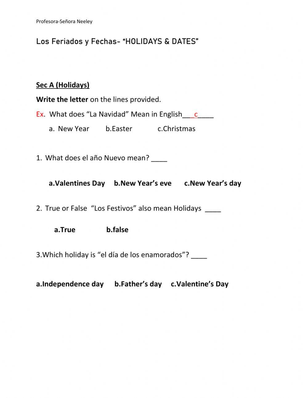 Holidays dates online exercise for live worksheets