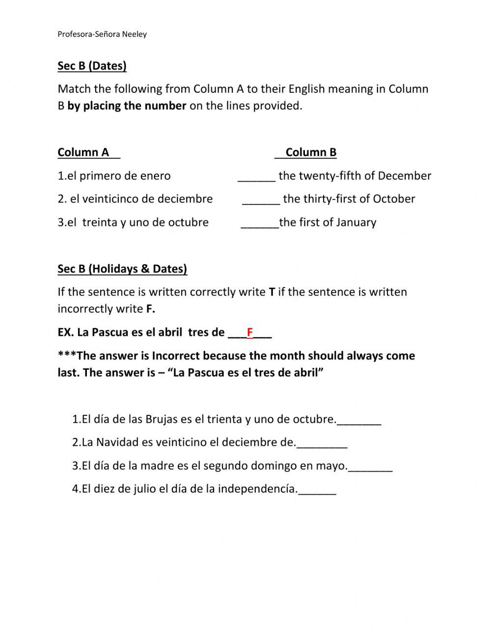 Holidays dates online exercise for live worksheets
