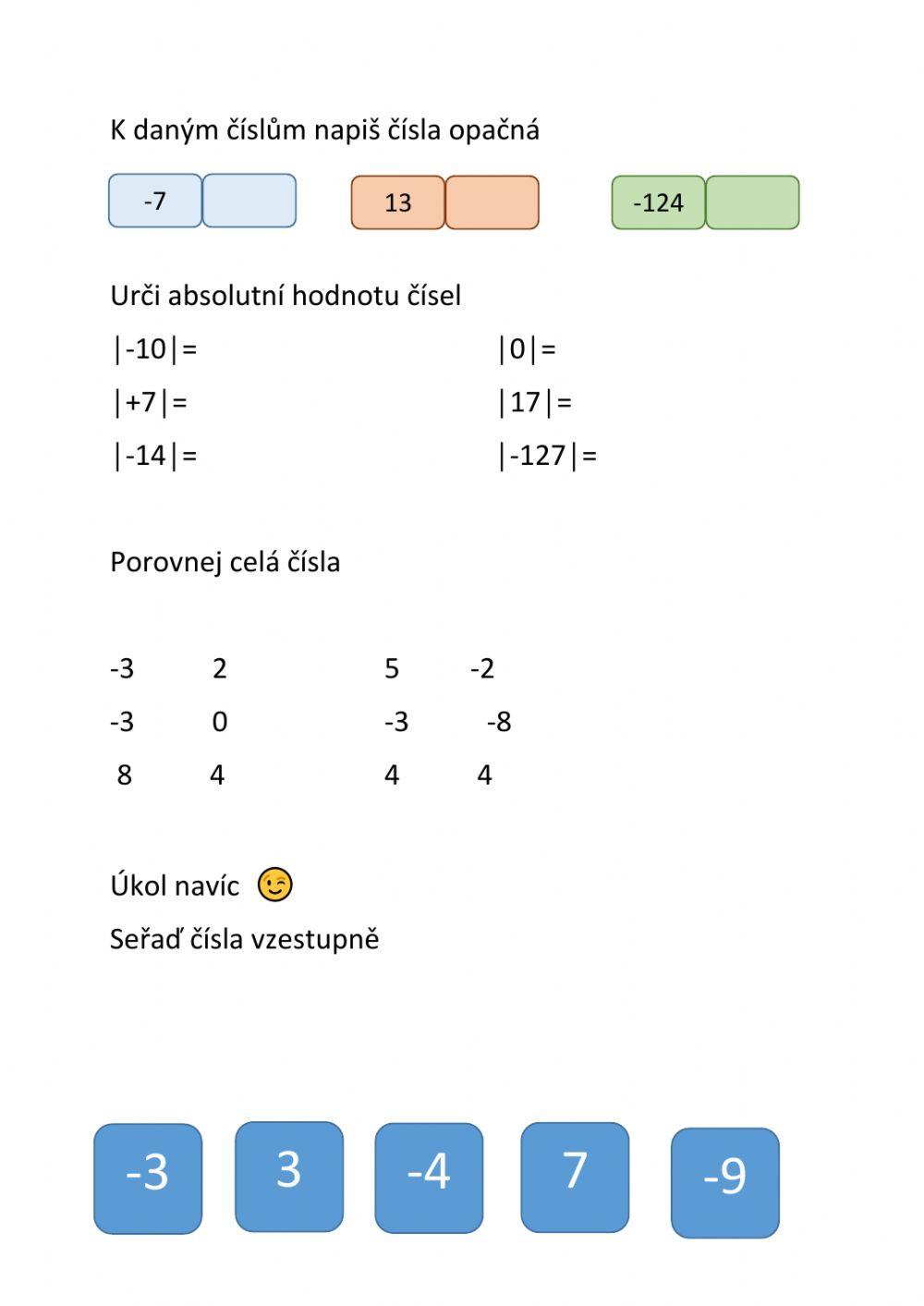 Celá čísla - opačná čísla, absolutní hodnota, porovnávání