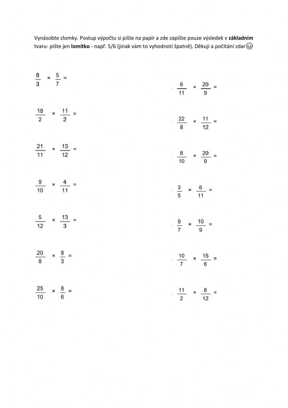 Zlomky- násobení (pouze výsledky)