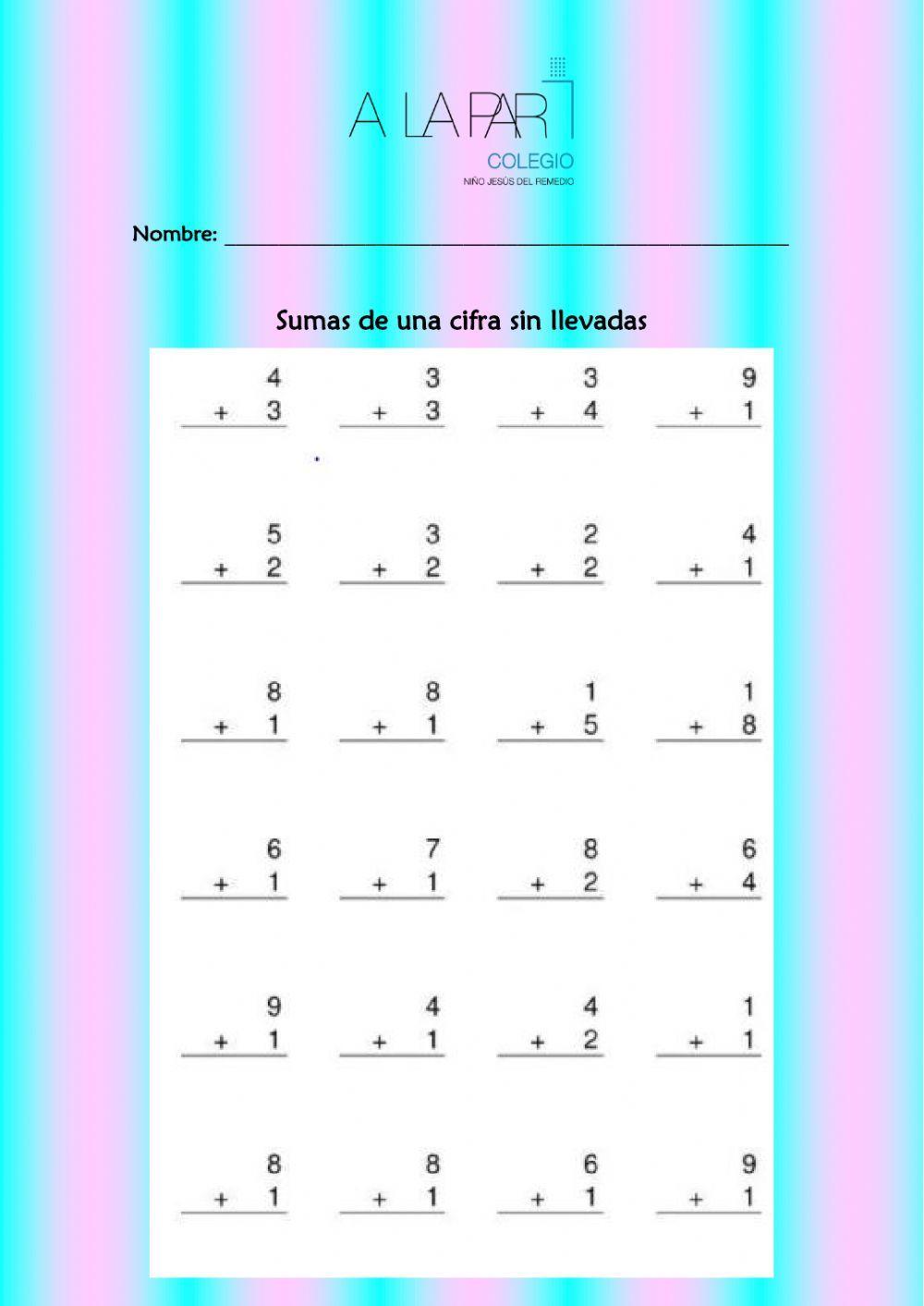 Sumas de una cifra sin llevar