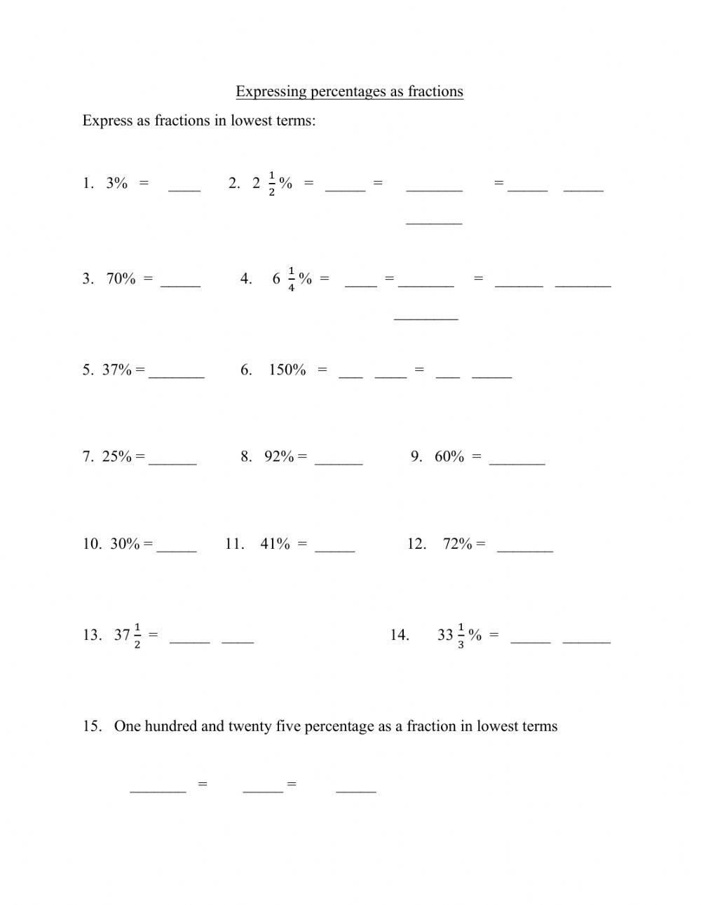 Expressing percentages as fractions