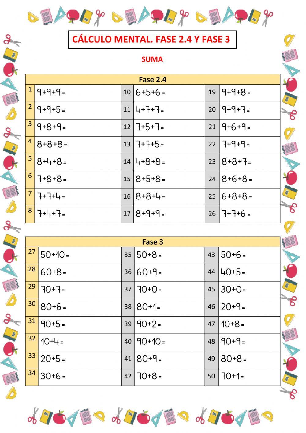 Cálculo mental. sumas. abn
