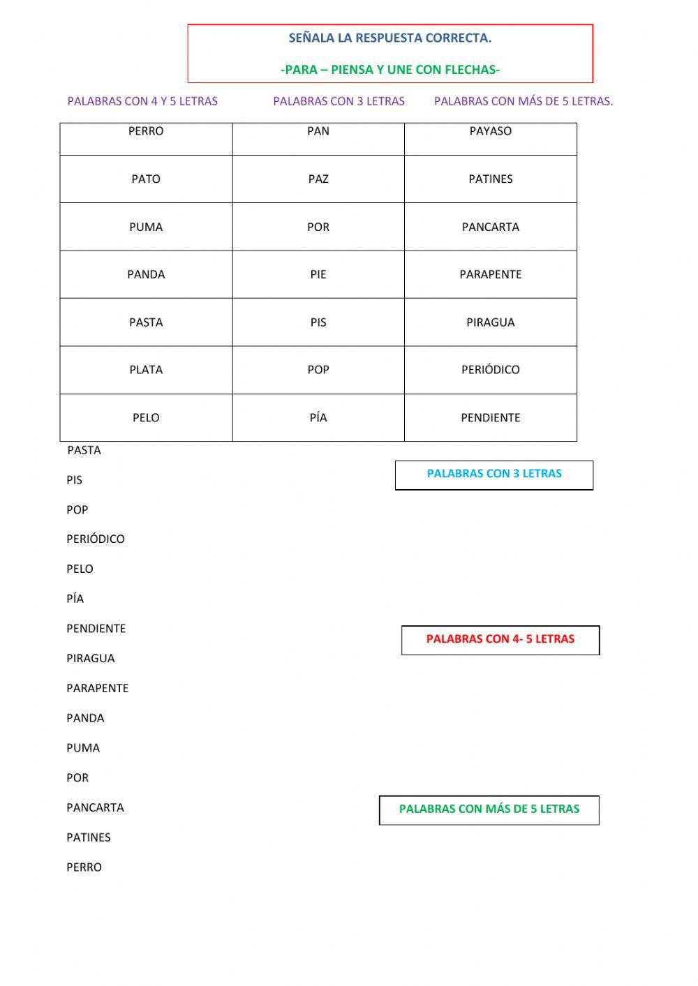 Palabras con 3, 4 y 5 letras.