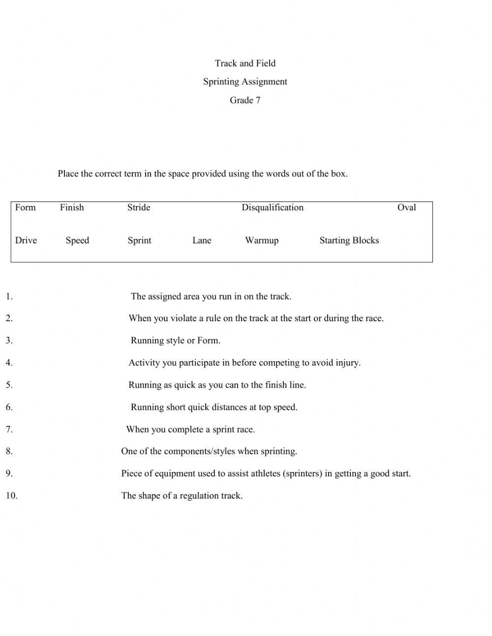 AFA Grade 7 Sprint Worksheet