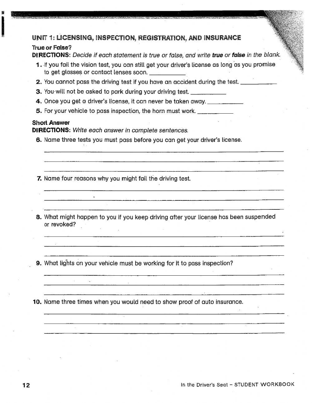 Driver's Ed Worksheet