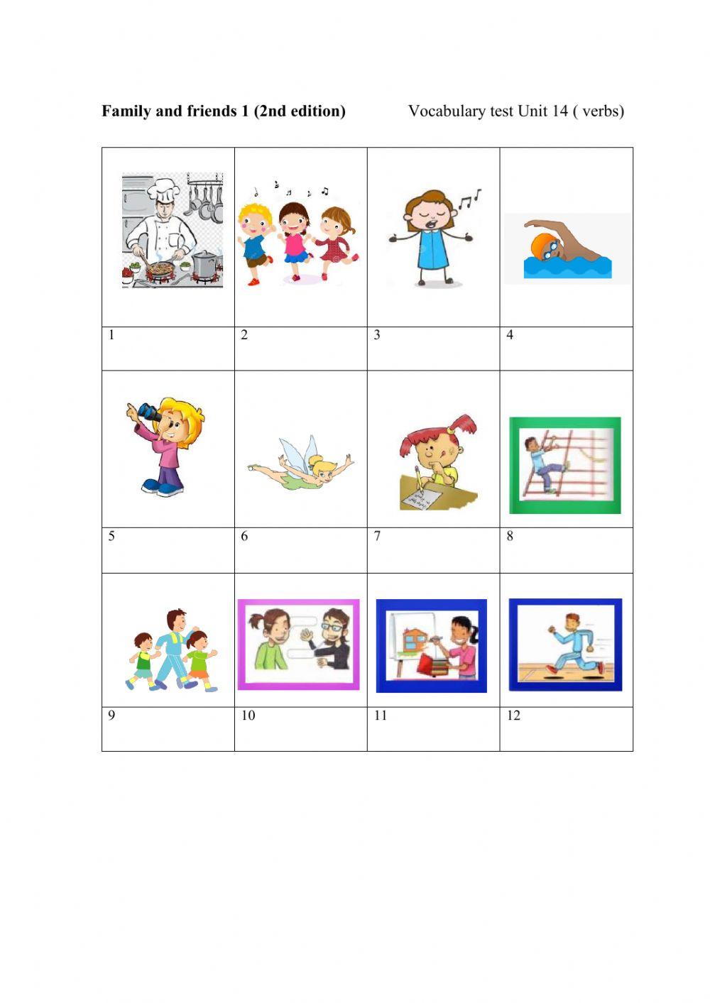 Family and firends 1 2nd edition Vocabulary test (verbs)