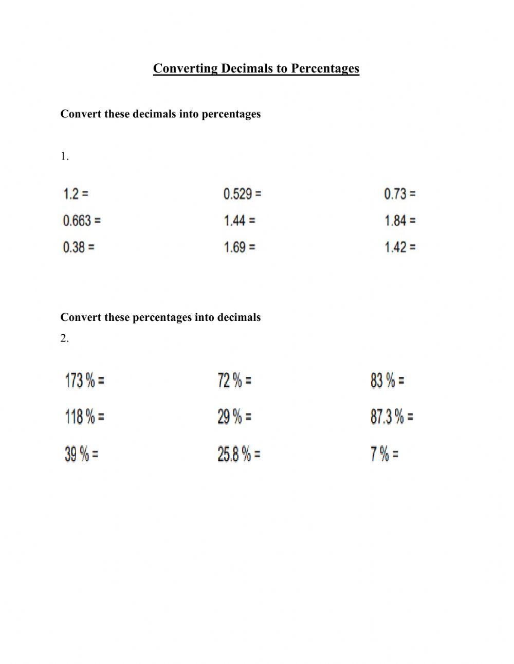 Decimal and percents worksheet | Live Worksheets