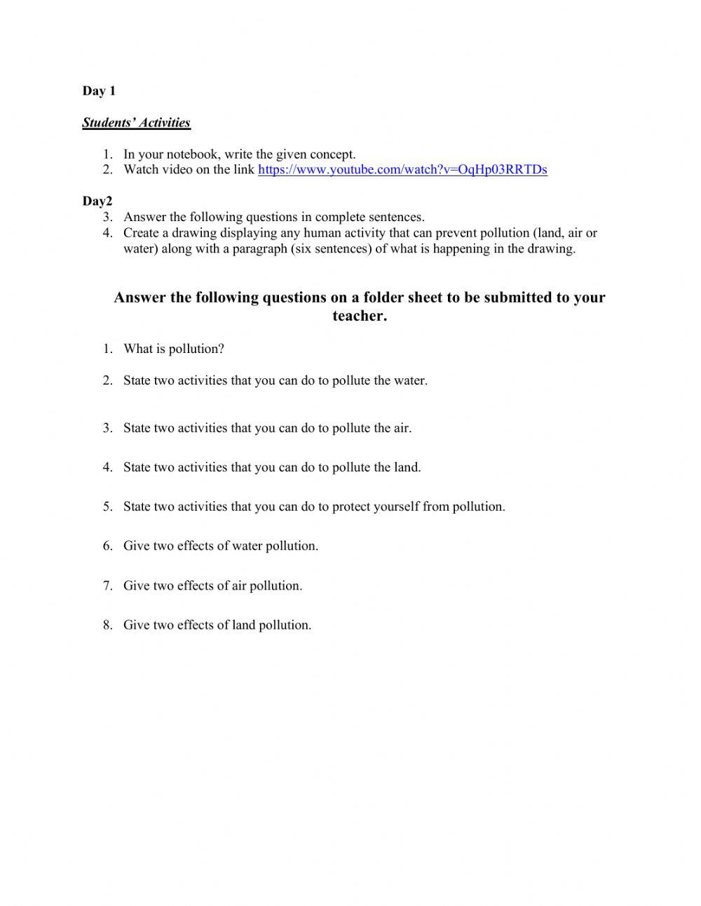 Pollution interactive activity for Standard IV | Live Worksheets