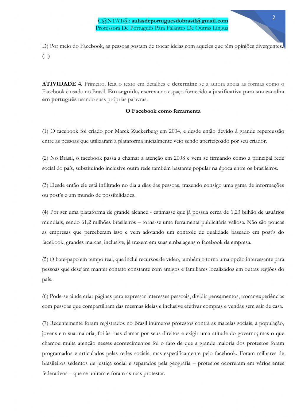 Facebook - opinião - interpretação de texto