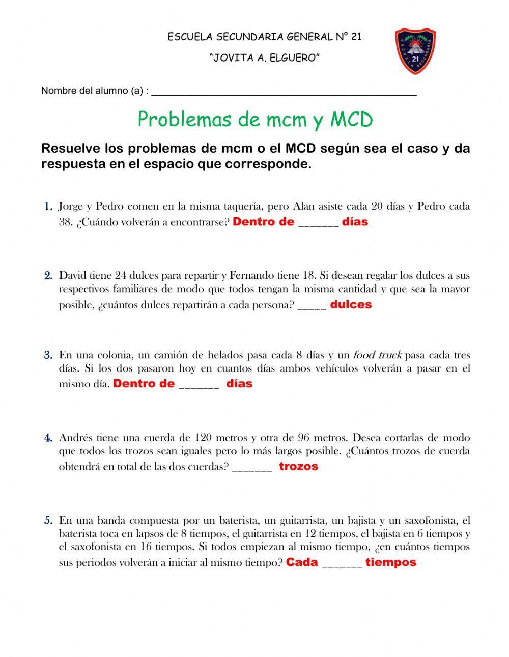 Hoja de trabajo de mcm y mcd con respuestas c lculo del m nimo