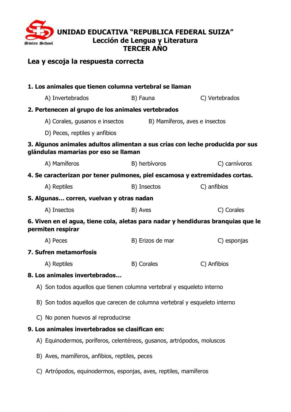 Animales vertebrados e invertebrados